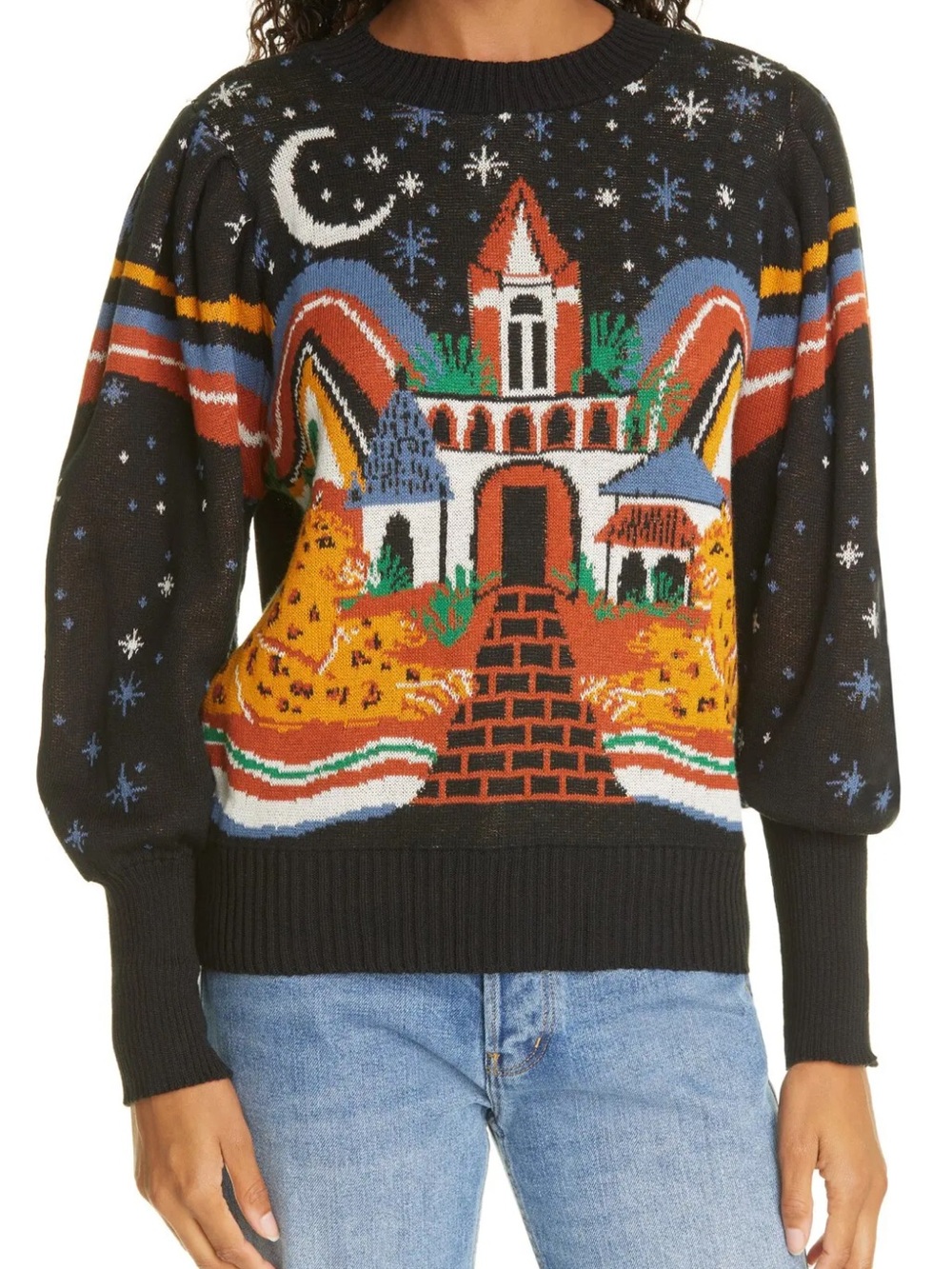 FARM Rio Black midnight cheetah Crewneck Sweater with Multicolor Motif